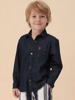 U.S. POLO ASSN. - Blue Solid/Plain Collar Neck Shirt