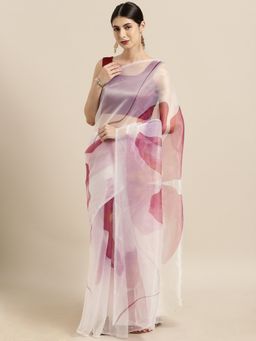 Tikhi Imli - Off White & Pink Floral Printed Organza Saree with Unstitched Blouse