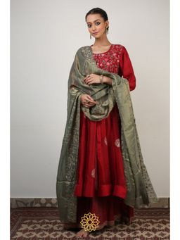 Rhua India - Red Anokhi Anarkali with Palazzo and Dupatta (Set of 3)
