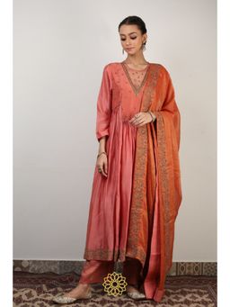 Rhua India - Peach Kyra Anarkali with Pant and Dupatta (Set of 3)