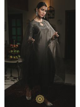 Rhua India - Black Straight Kurta with Pant and Dupatta (Set of 3)