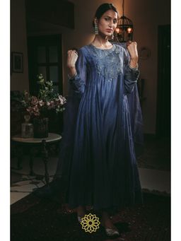 Rhua India - Sapphire Blue Anarkali with Pant and Dupatta (Set of 3)