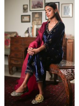 Rhua India - Navy Blue Straight Kurta with Pant and Dupatta (Set of 3)