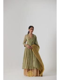 Rhua India - Green Mihika Gathered Anarkali with Slip, Palazzo and Dupatta (Set of 4)