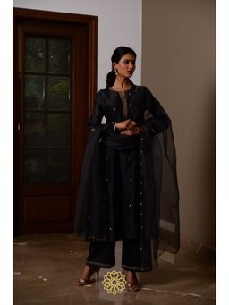 Rhua India - Black Ebony Straight Kurta with Pant and Dupatta (Set of 3)