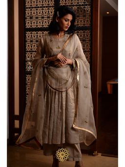 Rhua India - Beige Moon Tissue Chanderi Anarkali with Slip, Pant and Dupatta (Set of 4)