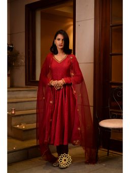 Rhua India - Red Scarlet Anarkali with Churidar and Dupatta (Set of 3)