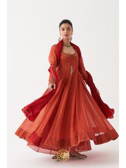 Rhua India - Rust Sahira Anarkali with Palazzo and Dupatta (Set of 3)