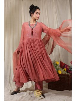Rhua India - Pink Dark Carrot Gathered Kurta with Pant and Dupatta (Set of 3)