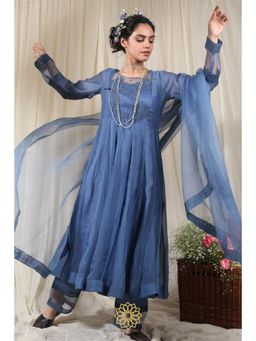 Rhua India - Blue Straight Kurta with Pant and Dupatta (Set of 3)