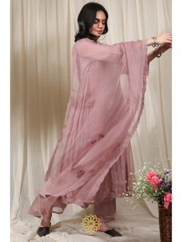 Rhua India - Onion Pink Gathered Kurta with Slip, Pant and Dupatta (Set of 4)
