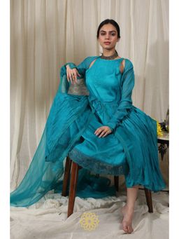 Rhua India - Turquoise Gathered Kurta with Inner, Pant and Dupatta (Set of 4)