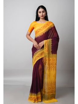Unnati Silks - Dark Wine Yellow Diamond Chiffon Rapid Hand Block Silk Saree with Unstitched Blouse