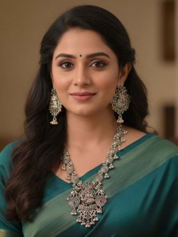 I Jewels - Stylish Silver Oxidised Radha Krishna Design Long Necklace Set