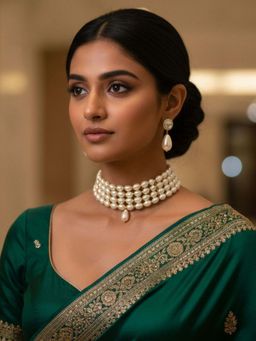 I Jewels - Gold Plated Traditional Pearl Moti Choker Necklace Jewellery Set with Earrings (ML314W)