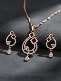 I Jewels - Rose Gold Plated American Diamond CZ Zircon Chain Pendant Necklace Set