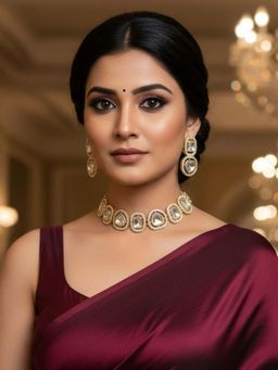 I Jewels - Traditional White Kundan Choker Necklace with Earring Jewellery Set