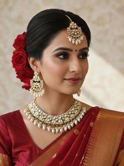 I Jewels - White Gold Plated Traditional Kundan Pearl Drop Choker with Earrings & Maangtikka (K7289W)