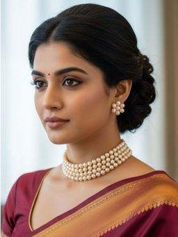 I Jewels - Gold Plated Traditional Pearl Beaded Choker Jewellery Set