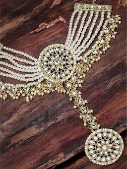 I Jewels - Women Gold Plated Kundan Studded & Beaded Ring Bracelet