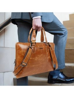 Cimoni - Unisex Tan Latest Stylish Premium Genuine Leather Laptop Bag