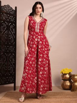 Globus - Pink Embroidered V-neck Sleeveless Jumpsuit