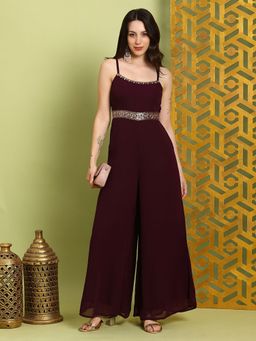 Globus - Brown Shoulder Straps Embroidered Jumpsuit