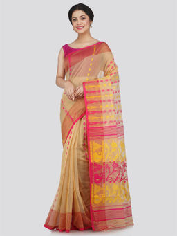 PinkLoom - Womens Soft Cotton Blend Jamdani Saree without Blouse -Beige