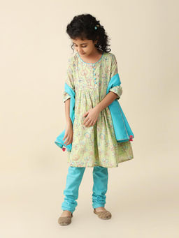 Fabindia - Green Cotton Printed Churidar (Set of 3)