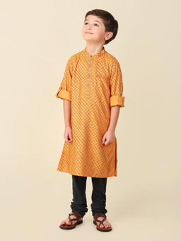 Fabindia - Orange Viscose Silk Hand Block Printed Long Kurta