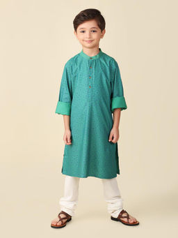 Fabindia - Teal Viscose Silk Hand Block Printed Long Kurta