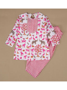 TIDY SLEEP - Pink Animal Chanderi Print Kurta with Salwar