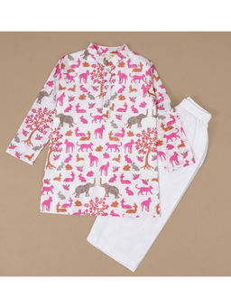 TIDY SLEEP - Pink Animal Chanderi Print Kurta with Pyjama