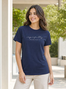 Nobero - Women Blue Typography Print T-Shirt
