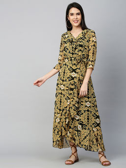 FASHOR - Floral Dense Printed Ruffle Flared Dress with Belt - Black (Set of 2)
