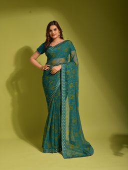 Odette - Teal Chiffon Designer Saree with Unstitched Blouse