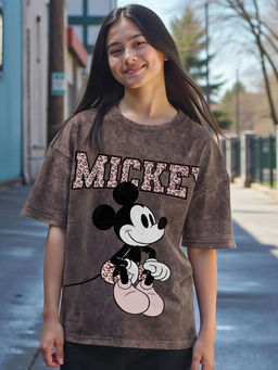 Bewakoof - Official Disney Women's Brown Mickey Graphic Printed Oversized Acid Wash T-shirt