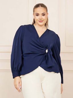 Styli - Women Plus Size Navy Blue Solid Wrap Top