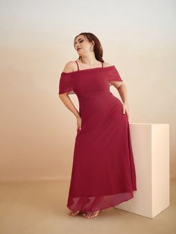 Miss Chase - A+ Curve Collection Plus Size Women's Maroon Off-Shoulder Skater Dress