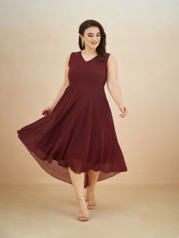 Miss Chase - Women Maroon Georgette Sleeveless Dress