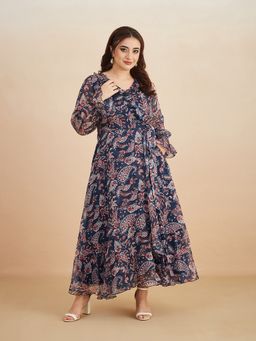 Miss Chase - Women Navy Blue Chiffon Full Sleeves Dress