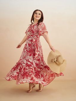 Miss Chase - Women Red Chiffon Half Sleeves Dress