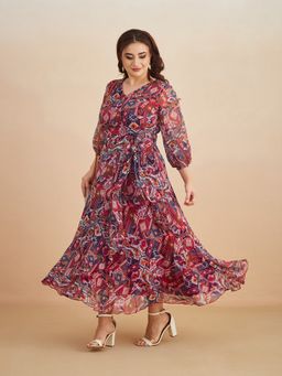 Miss Chase - Women Red Chiffon Three Fourth Sleeves Dress