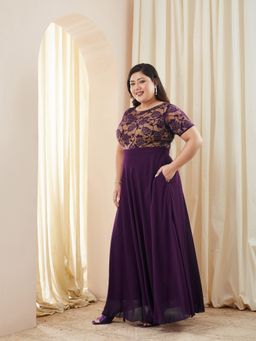 Miss Chase - Women Purple Georgette Half Sleeves Dress