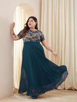Miss Chase - Women Teal Georgette Half Sleeves Dress