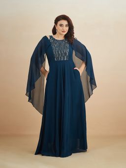 Miss Chase - Women Teal Georgette Cape Dress