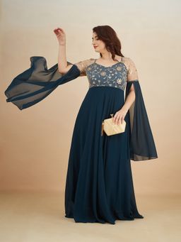 Miss Chase - Women Teal Georgette Cape Dress