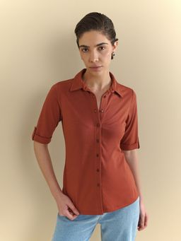 FABLE STREET - Women Rust Cotton Half Sleeves Shirt