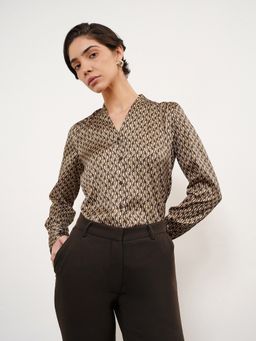 FableStreet - Women Olive Satin Full Sleeves Shirt