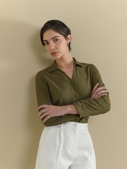 FableStreet - Women Olive Polyester Full Sleeves Shirt